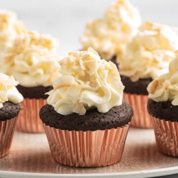 chocolate cupcakes with coconut frosting on plate