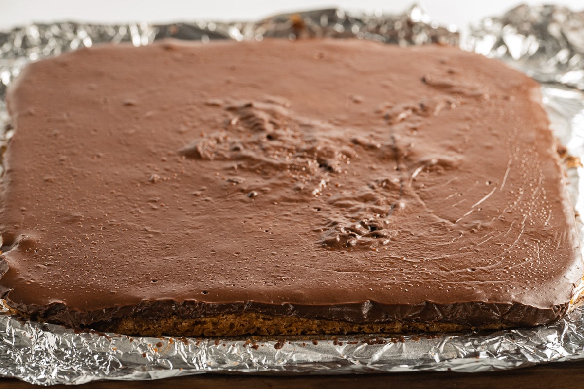 chocolate pudding bars on aluminum foil 