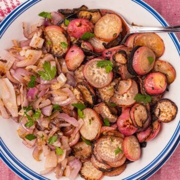 sauteed radishes and onions on plate