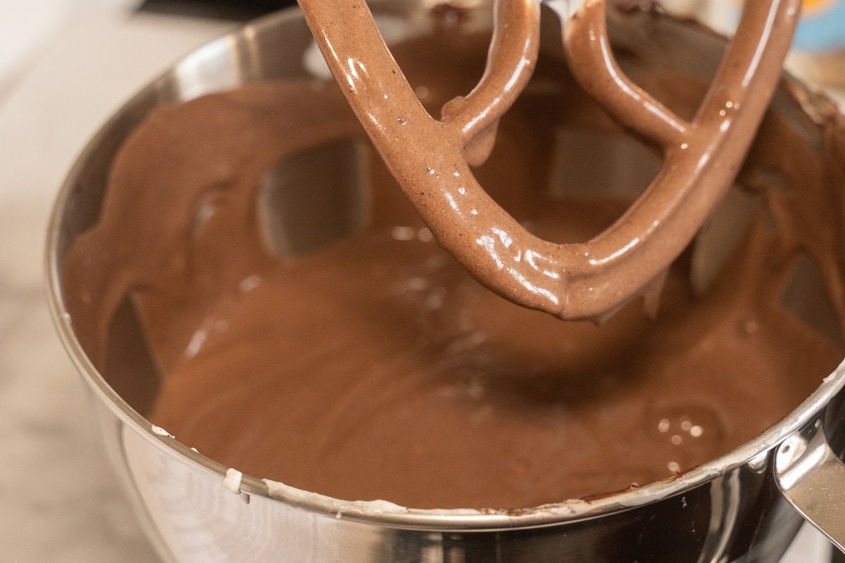 chocolate cream cheese batter in mixing bowl.