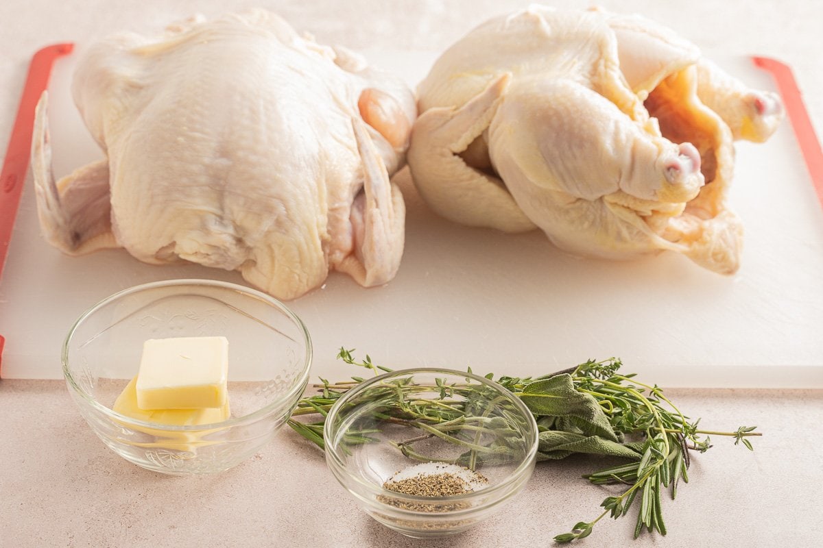 Cornish hens with butter and herbs.
