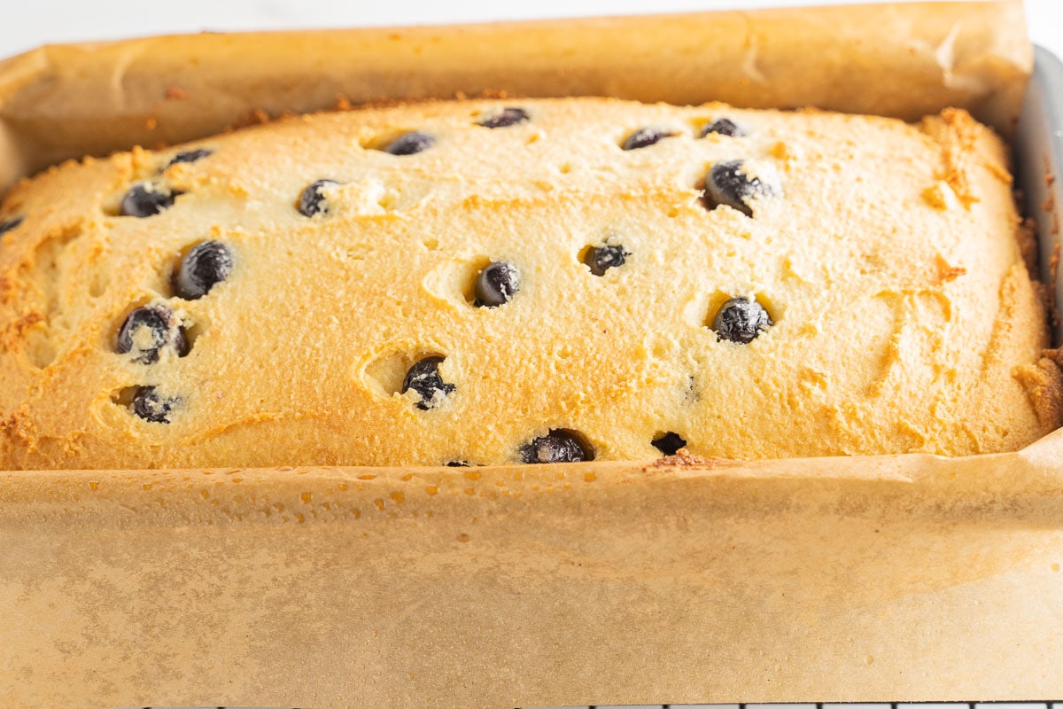 baked keto blueberry bread in loaf pan.