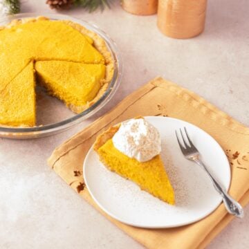Slice and plate of keto pumpkin chiffon pie.