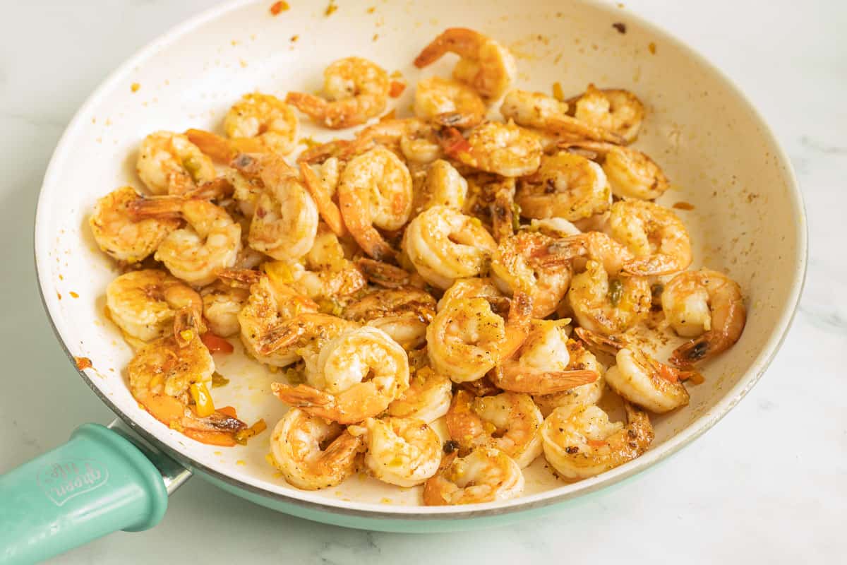 Pepper shrimp in frying pan.