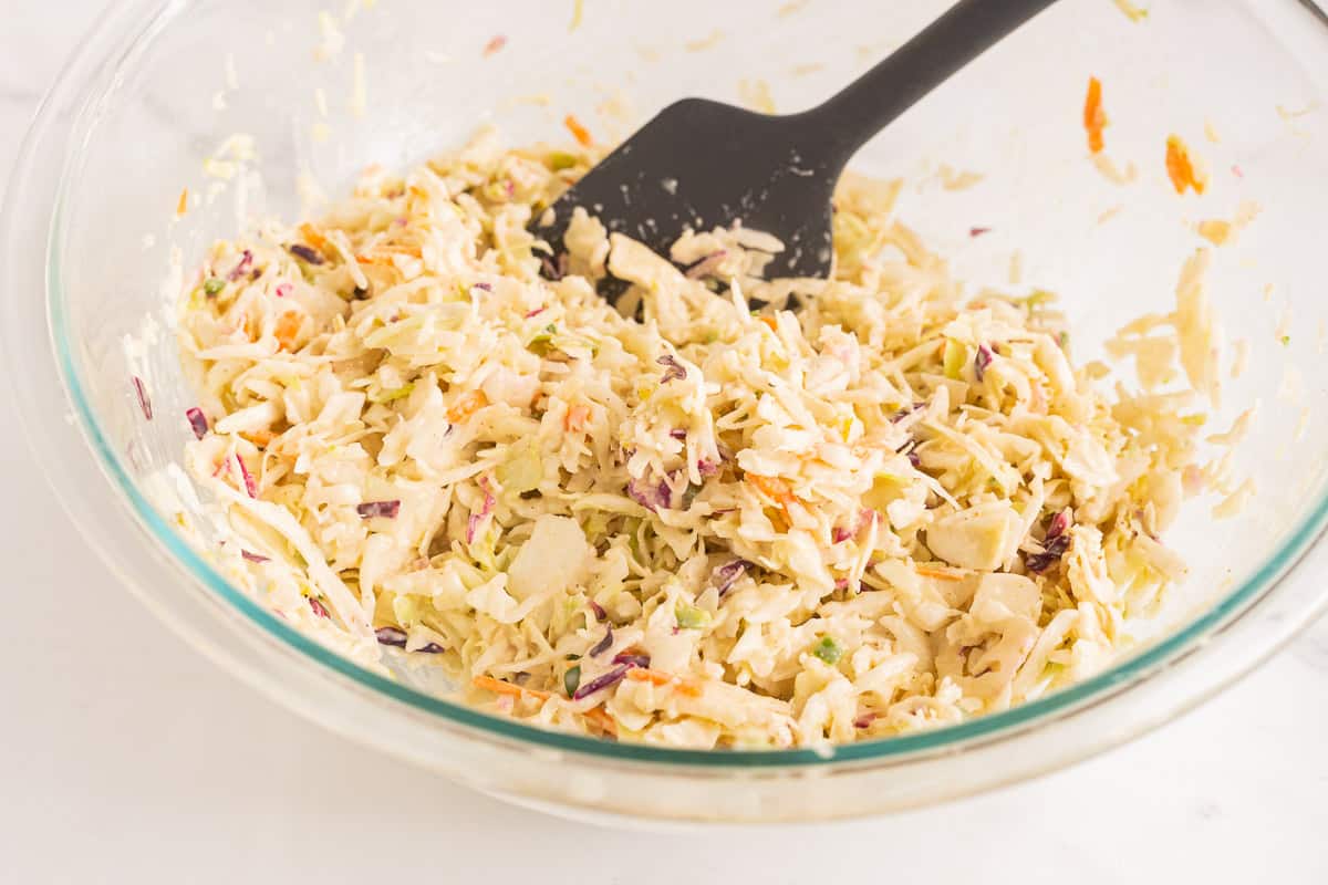 Coleslaw in glass bowl.