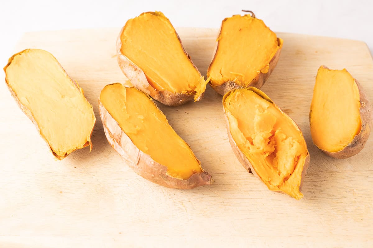 Baked sweet potato halves.