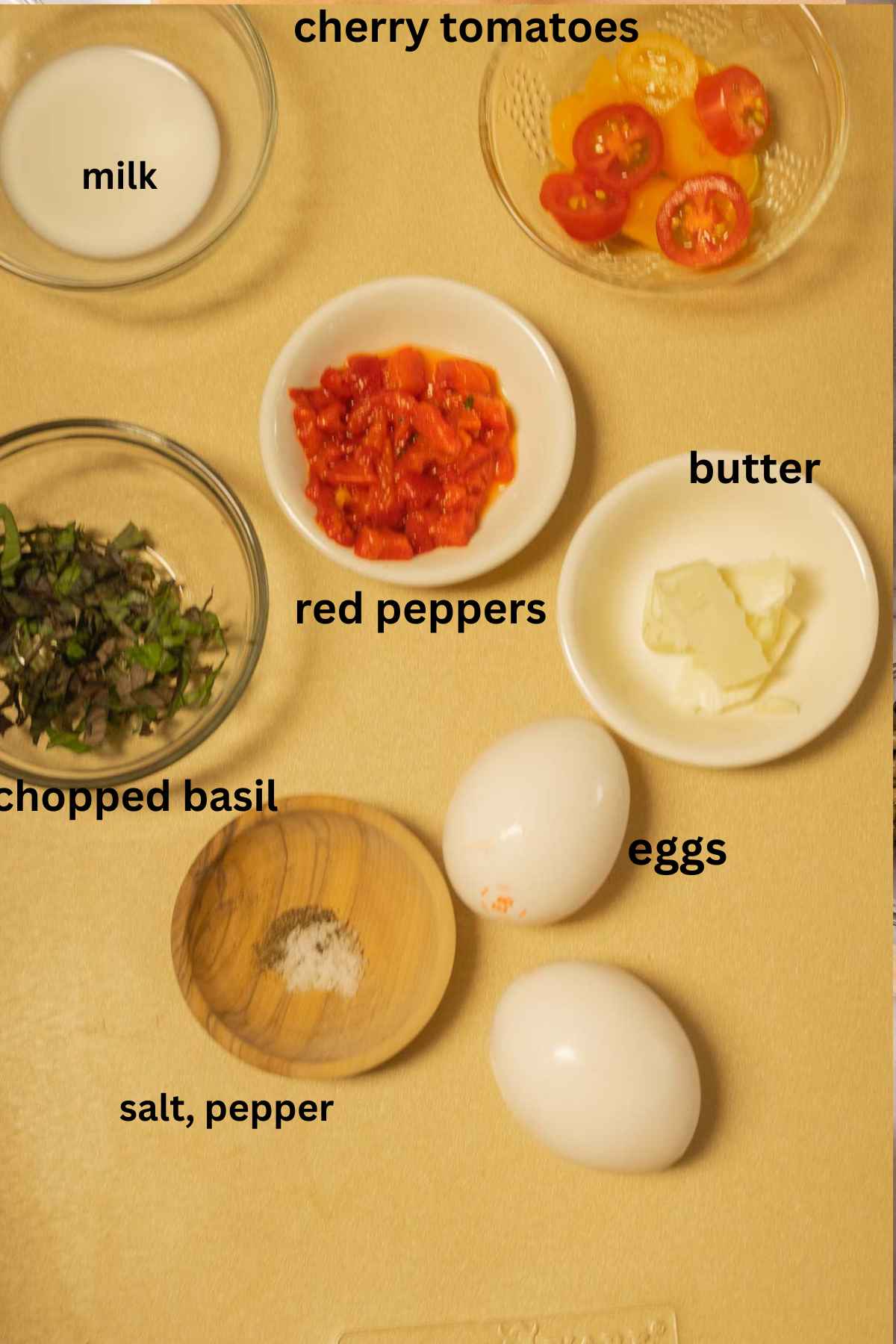 Basil, eggs, tomatoes, red pepper, salt, pepper, butter, milk.