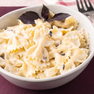 Basil Alfredo Sauce in white bowl with sprig of basil.