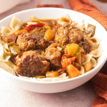 Cajun Meatball Stew in white bowl.