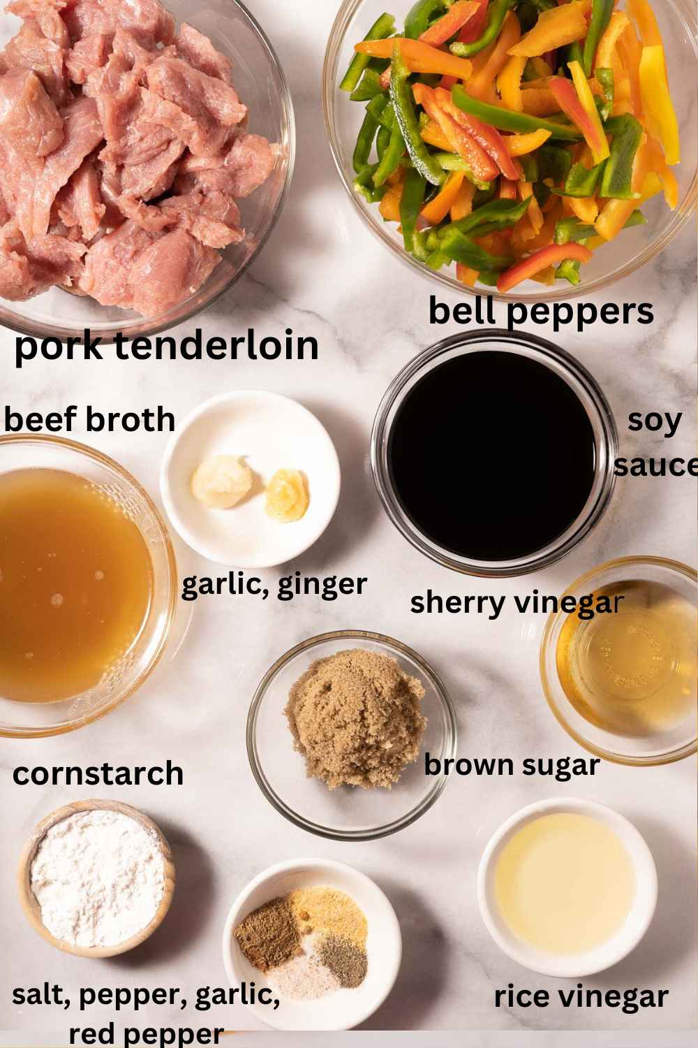 Sliced pork tenderloin, soy sauce, brown sugar, spices, vinegars, beef broth, cornstarch, bell peppers.