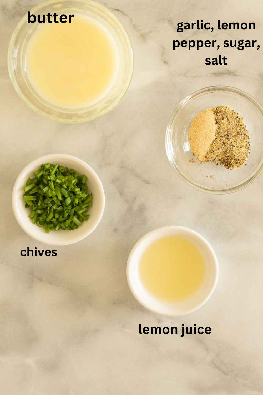 lemon juice, chives, butter, spices.