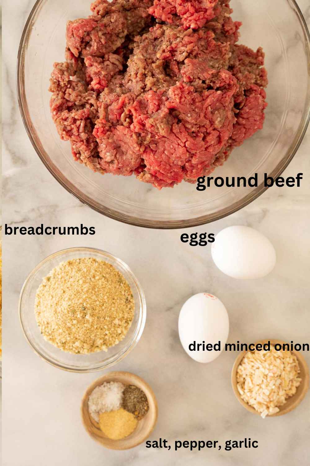 Ground beef, eggs, breadcrumbs, seasonings.