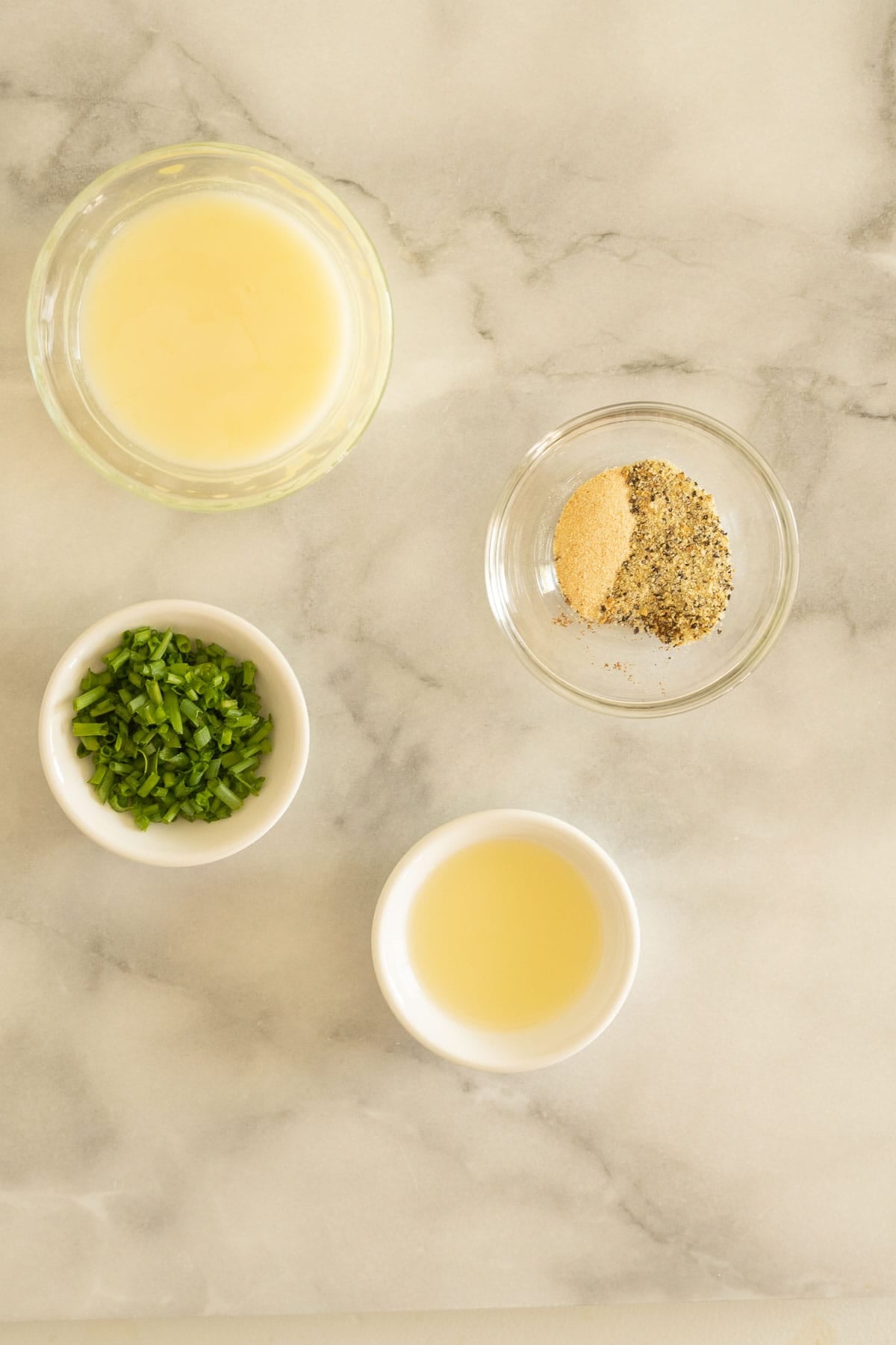 lemon juice, lemon pepper, butter, garlic powder, sugar, minced chives.