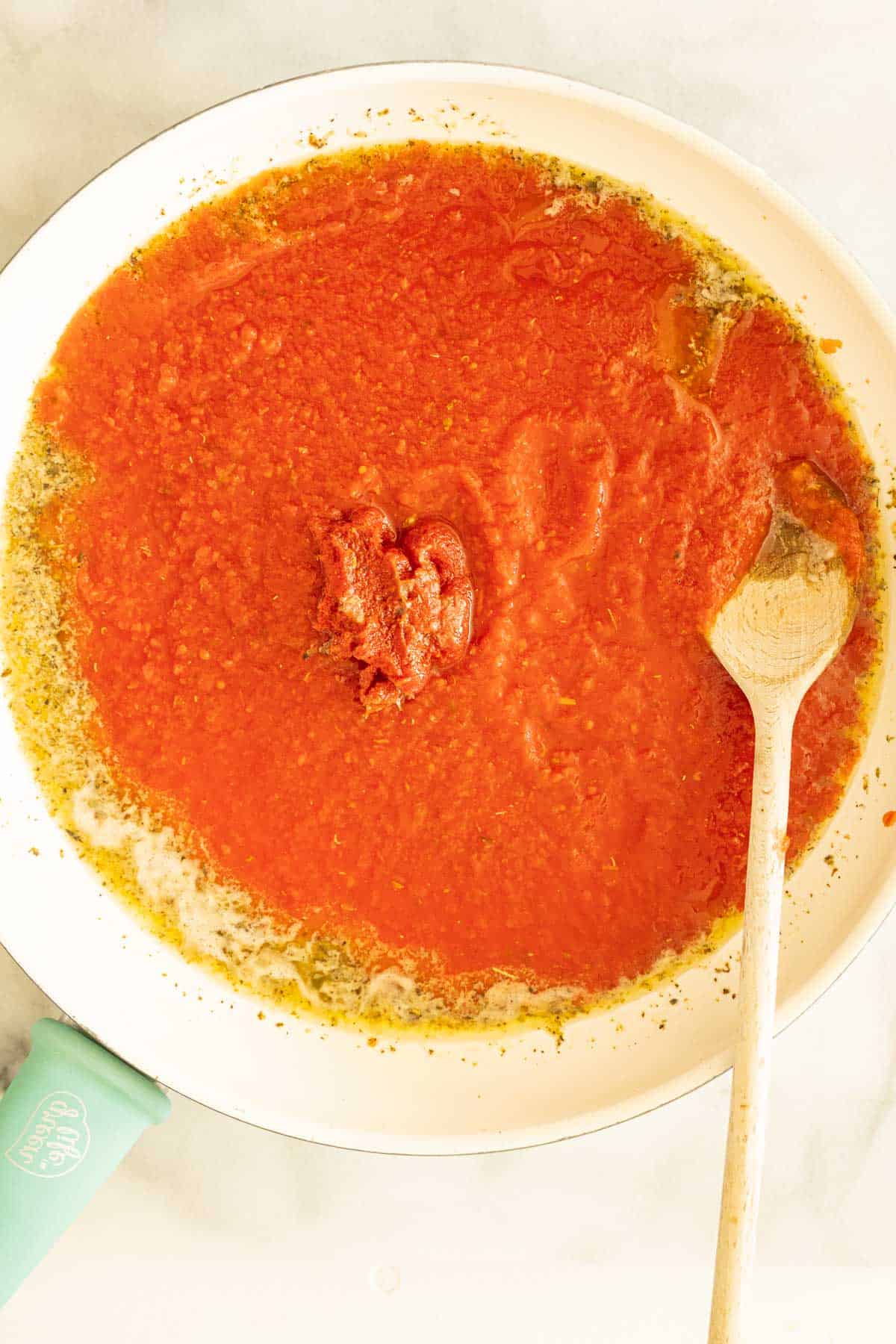 Tomato sauce in skillet.