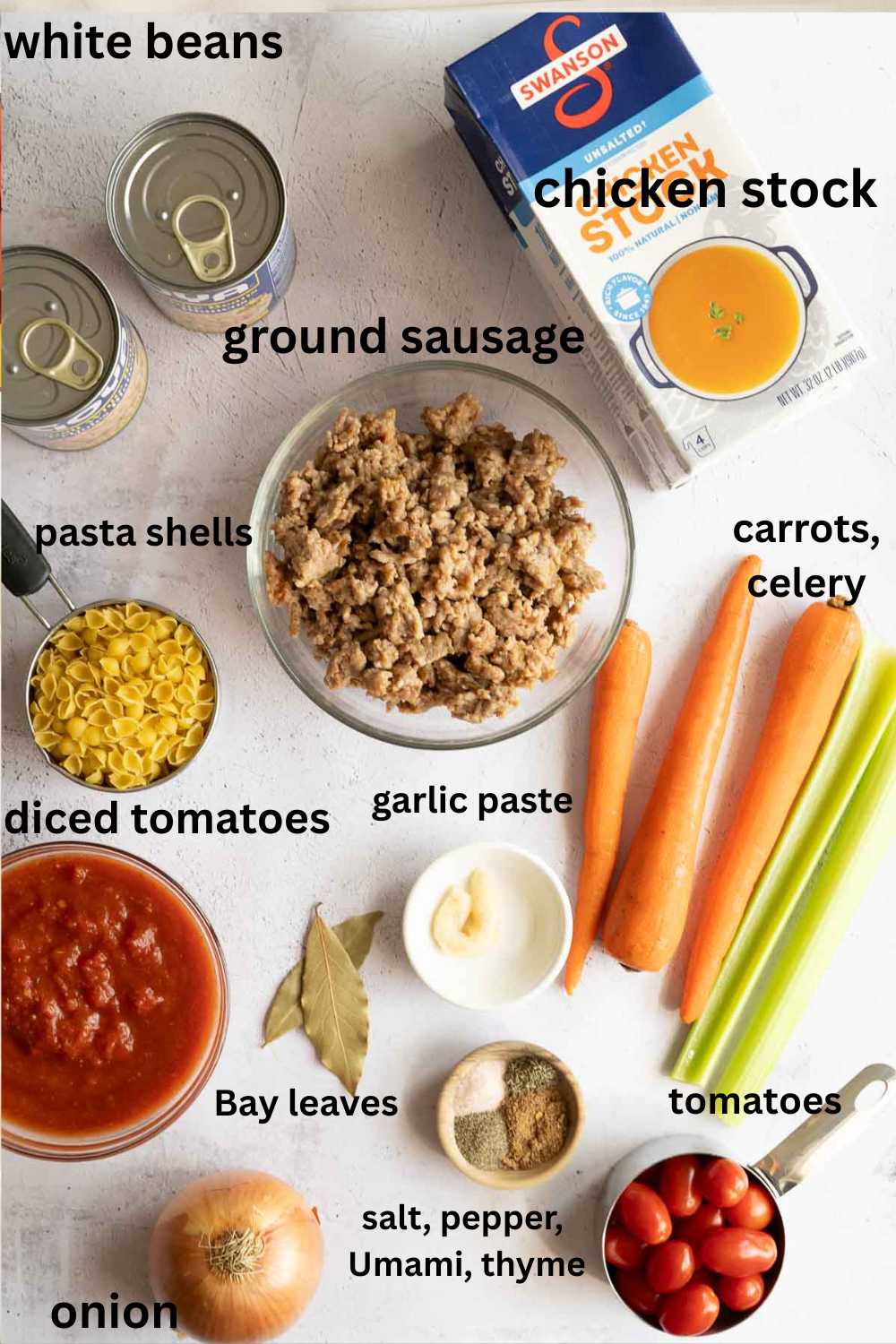 Sausage, chicken broth, pasta, seasonings, carrots, celery, garlic, tomatoes, beans.