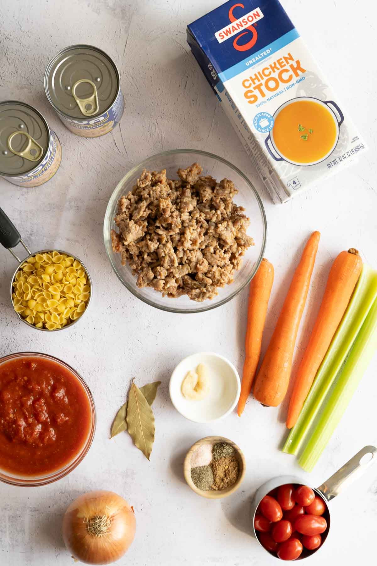 Sausage, broth, carrots, celery, tomatoes, onion, seasoning, pasta.