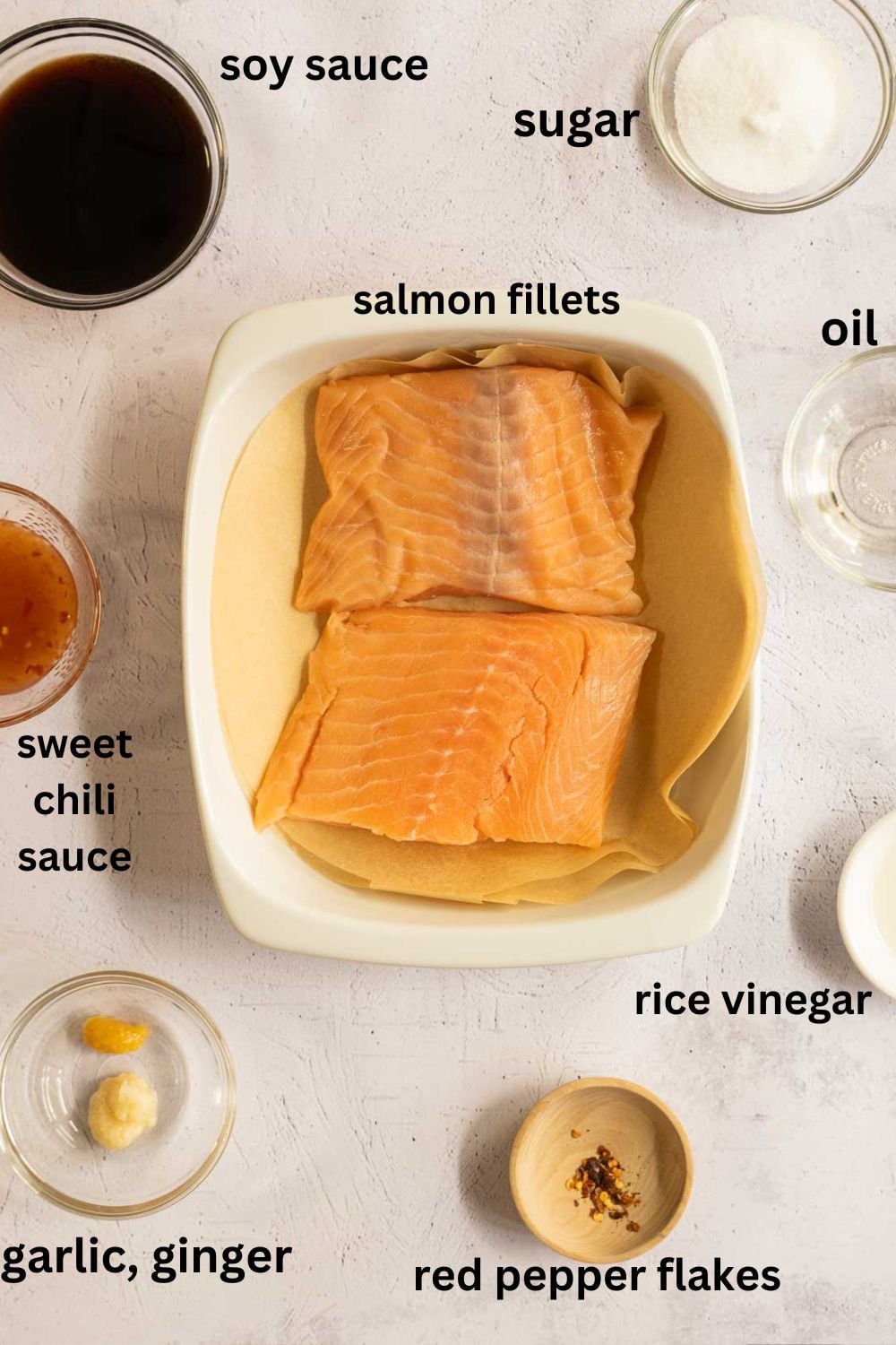 Salmon, soy sauce, sugar, sweet chili sauce, vinegar, garlic, ginger, oil.
