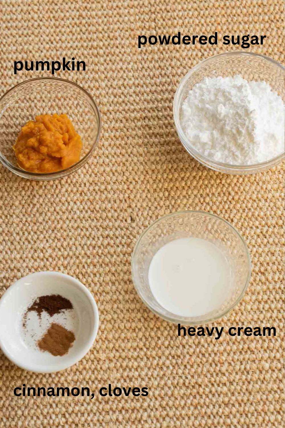 powdered sugar, pumpkin puree, cloves, cinnamon, heavy cream.