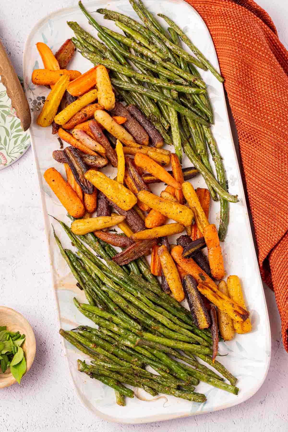 Roasted Carrots and Green Beans on platter.