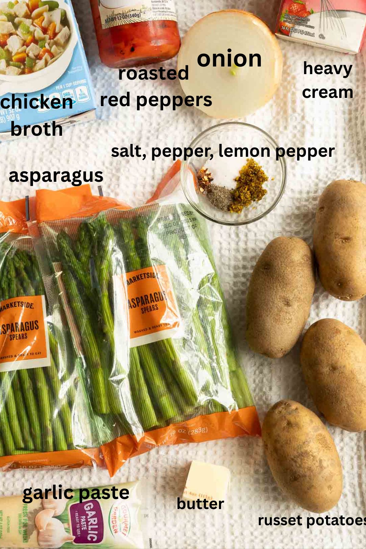 ASparagus, potatoes, cream, broth, seasonings, red pepper, onion, butter.