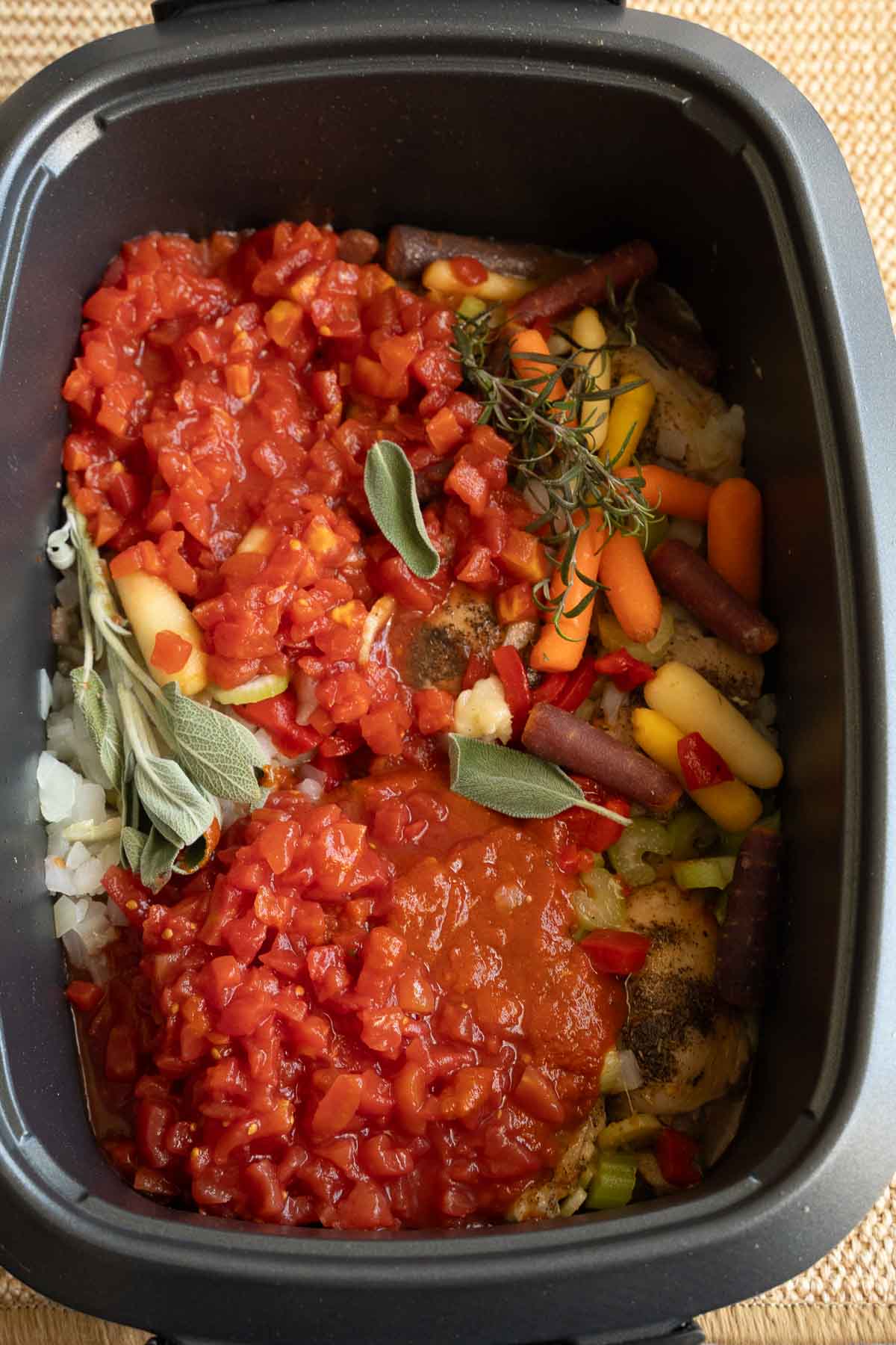 Chicken, carrots, celery, tomato, sauce, herbs in slow cooker.