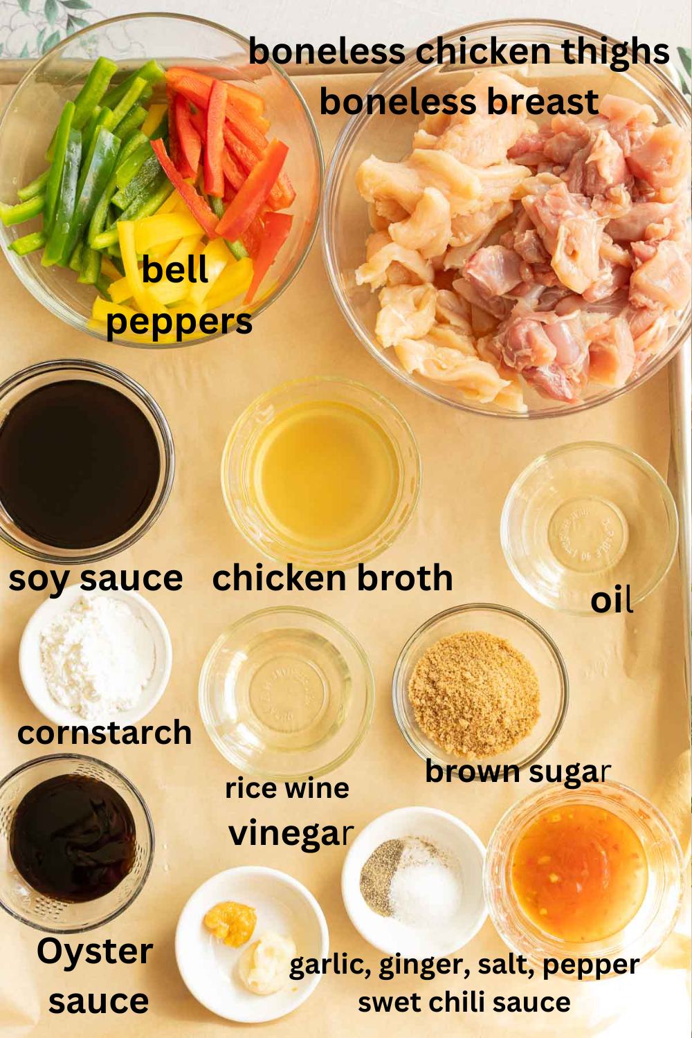 Chopped boneless thighs and breast, soy sauce, oil, brown sugar, chili sauce, seasonings, rice wine vinegar, bell peppers, chicken broth, oyster sauce.