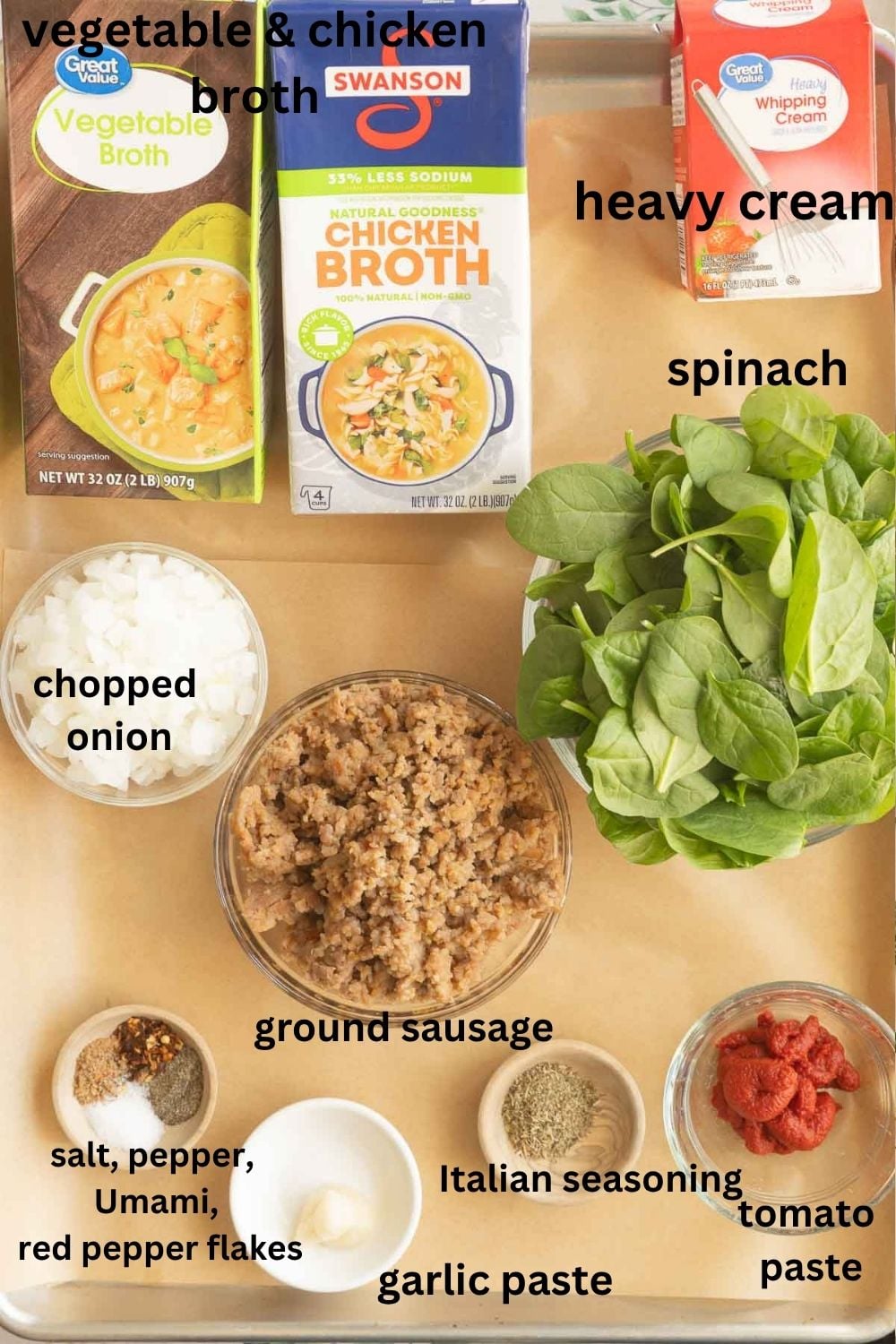 Vegetable, chicken broths, spinach, ground sausage, chopped onion, tomato paste, heavy cream, garlic, Italian, Umami seasonings, salt, pepper.