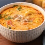 Bowl of Sausage Tortellini with Spinach.