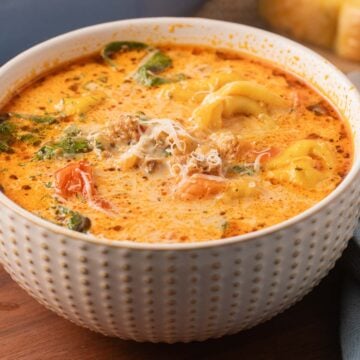 Bowl of Sausage Tortellini with Spinach.