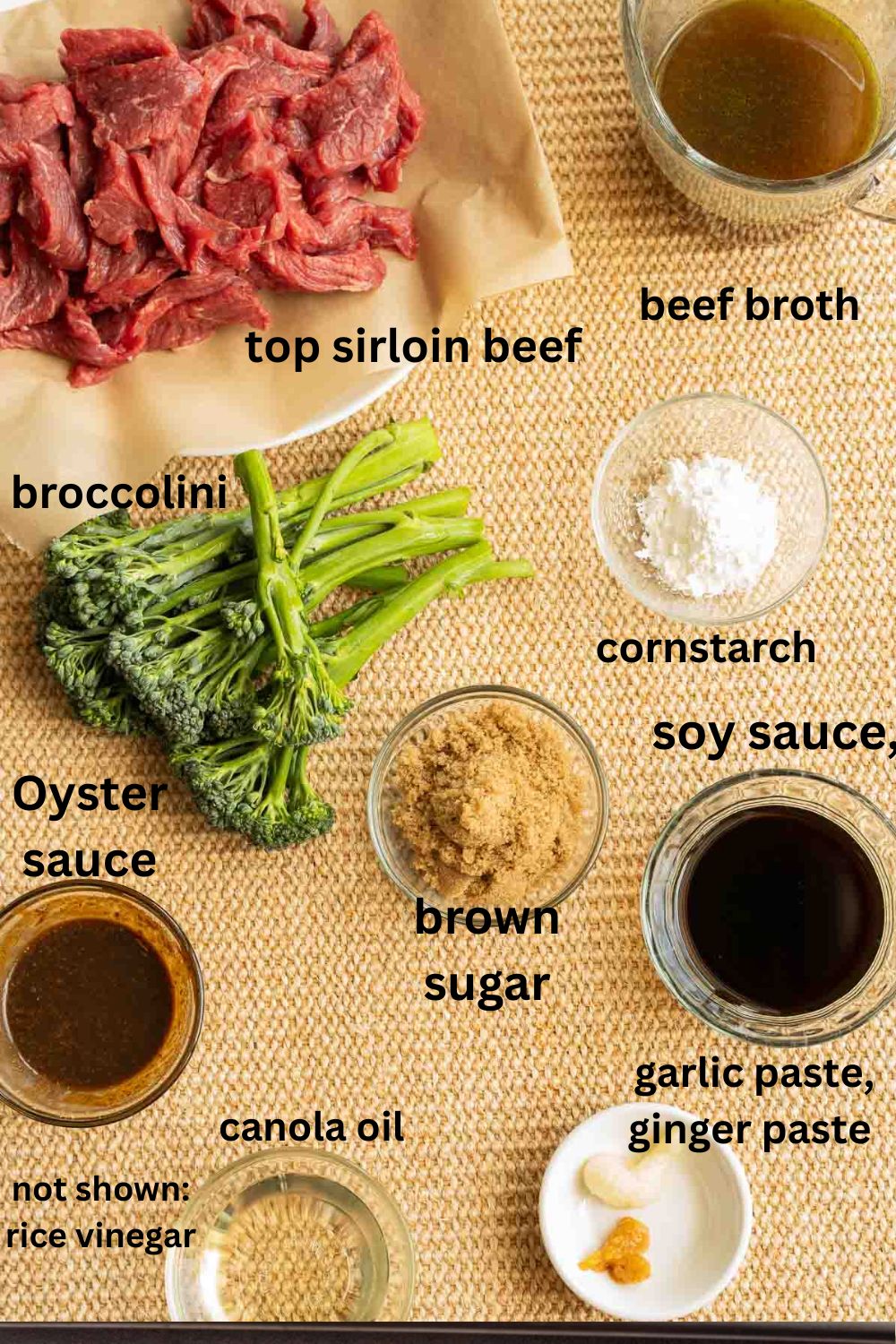Top sirloin beef, beef broth, soy sauce, oyster sauce, brown sugar, ginger, garlic paste, broccolini, canola.