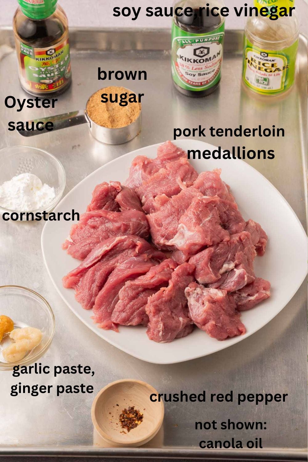 Pork medallions, soy sauce, rice vinegar, oyster sauce, garlic, ginger, red pepper flakes, brown sugar, cornstarch.
