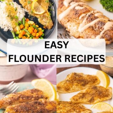 Graphic of flounder francaise, blackened flounder, broiled flounder and pan fried flounder.