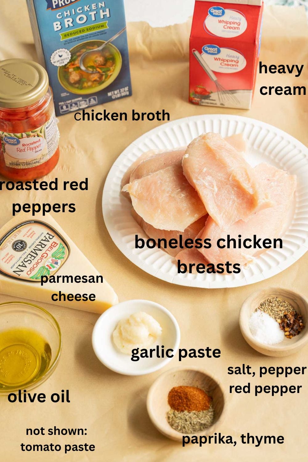 Boneless chicken, broth, roasted red peppers, seasonings, heavy cream, olive oil, parmesan cheese.