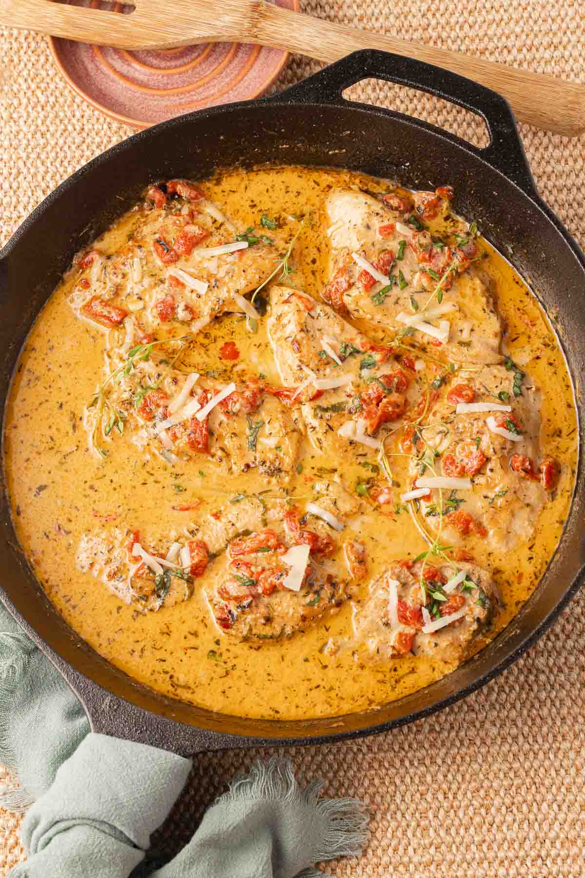 Marry Me Chicken without Sun dried tomatoes in cast iron skillet.